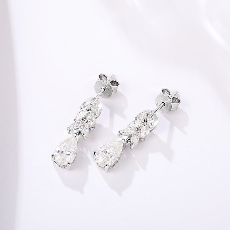 #133 VNK Luxury Linear Leaf & Pear Full Moissanite Earrings | Elegant Drop Design