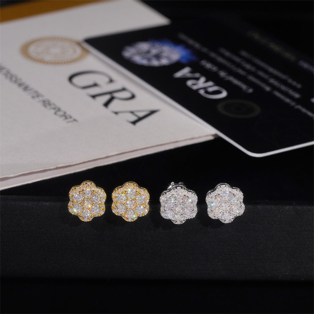 #54 VNK VVS1 Moissanite Flower Iced Out Stud Earrings - 18K Gold Plated 925 Silver Hip Hop Micro Pavé Floral Earring