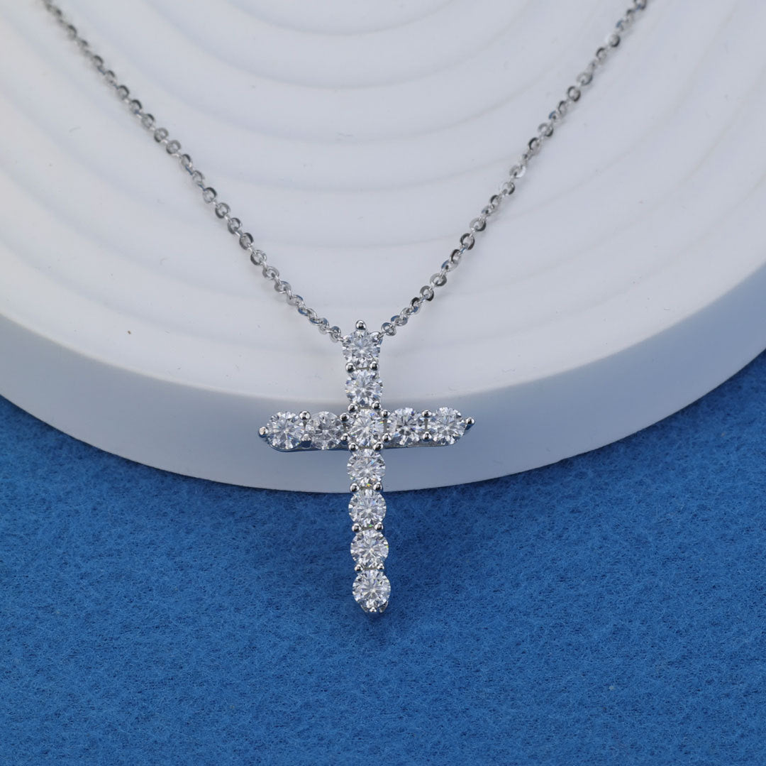 #107 Full Moissanite Gems Cross Pendant Necklace 925 Sterling Silver Jewelry
