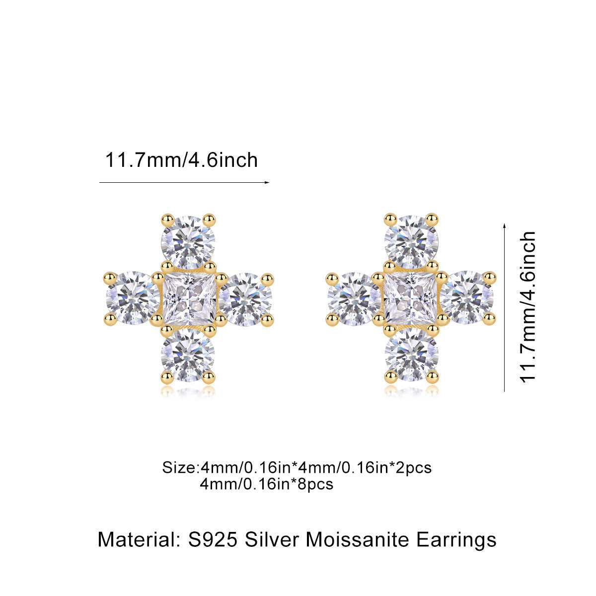 #53 VANNICK Cross Moissanite Stud Earrings Round Cut Princess Cut Gem– 925 Sterling Silver Gold Plated