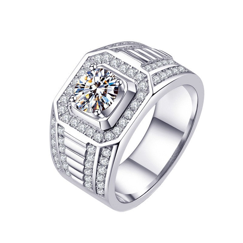 #M3 VNK 1CT Round Brilliant Cut Moissanite Men’s Ring – Halo & Pave Band, 925 Sterling Silver