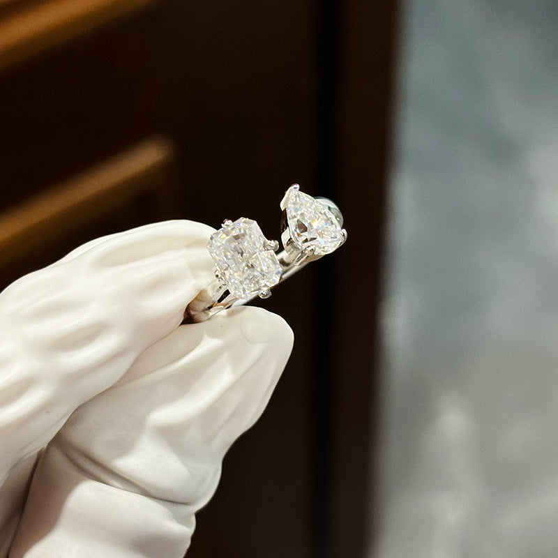 #63 VNK Luxury Toi et Moi Moissanite Ring | 2CT Emerald/Radiant + 1.25CT Pear Cut in 925 Silver