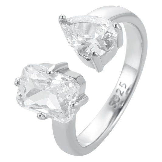 #63 VNK Luxury Toi et Moi Moissanite Ring | 2CT Emerald/Radiant + 1.25CT Pear Cut in 925 Silver