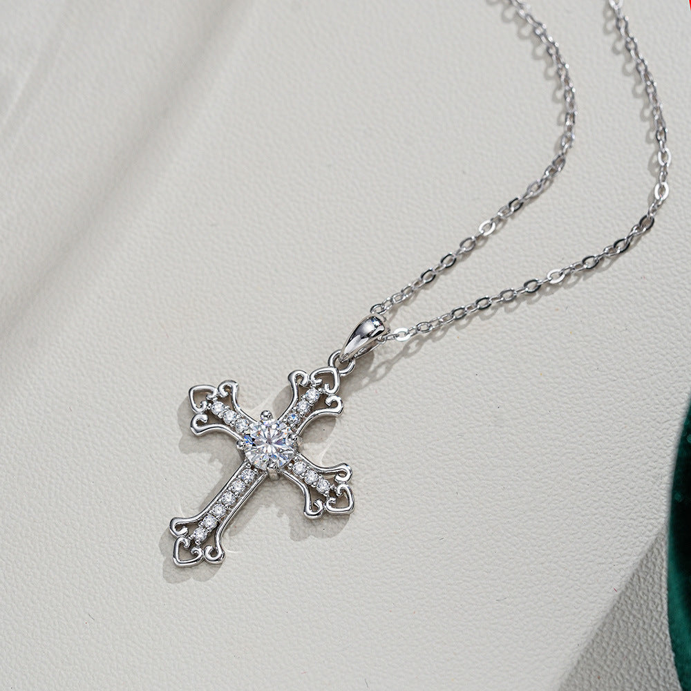 #110 Vintage Filigree Cross Moissanite Necklace | 925 Silver Faith Pendant for Her