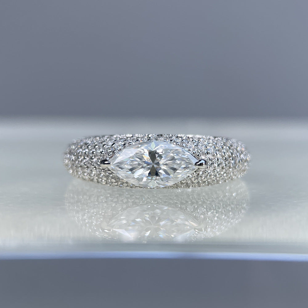#140 VNK  1CT Marquise Cut Moissanite Pave Ring – Full Pavé Band, 925 Sterling Silver