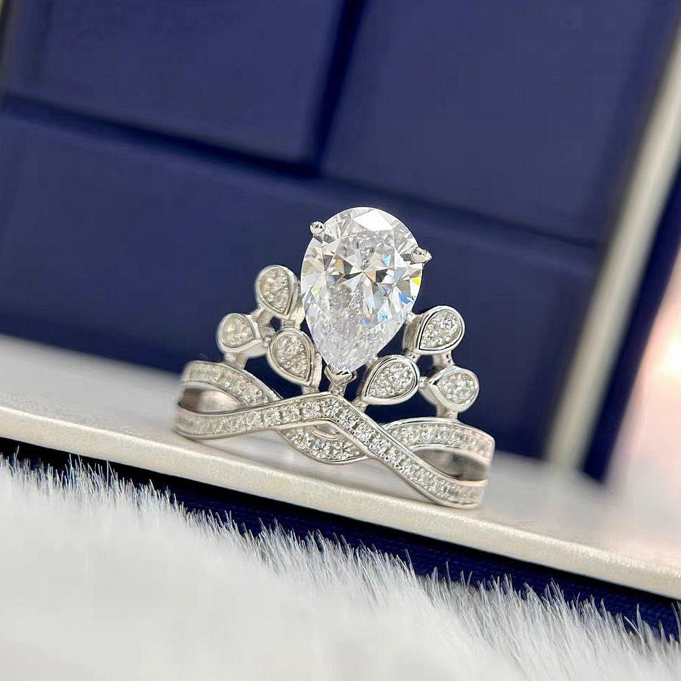 #122 VNK Luxury 2CT Pear Moissanite Tiara Ring | Crown Design 925 Silver Promise Ring