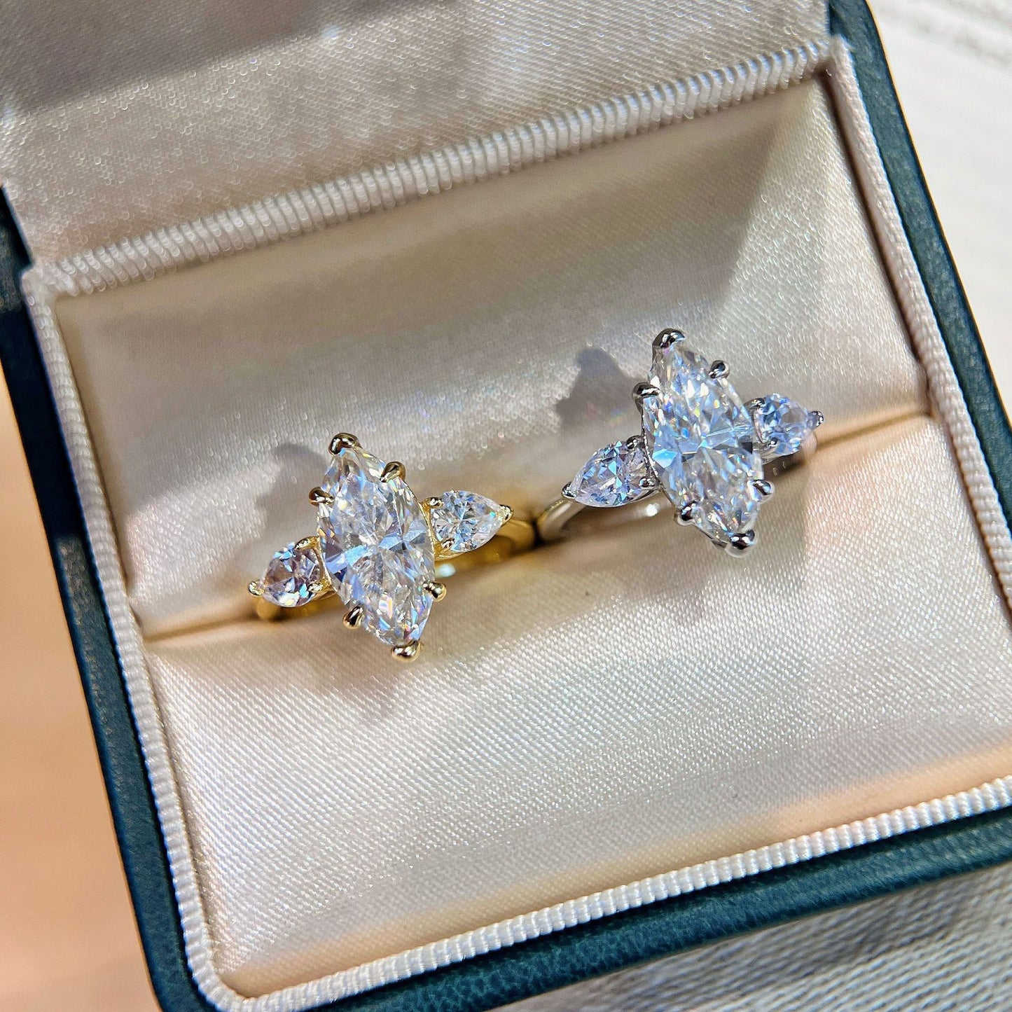 #138 VNK Three-Stone Marquise Moissanite Ring –925 Sterling Silver Jewelry