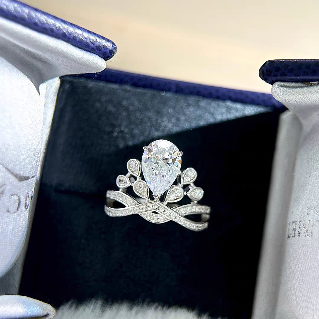 #122 VNK Luxury 2CT Pear Moissanite Tiara Ring | Crown Design 925 Silver Promise Ring