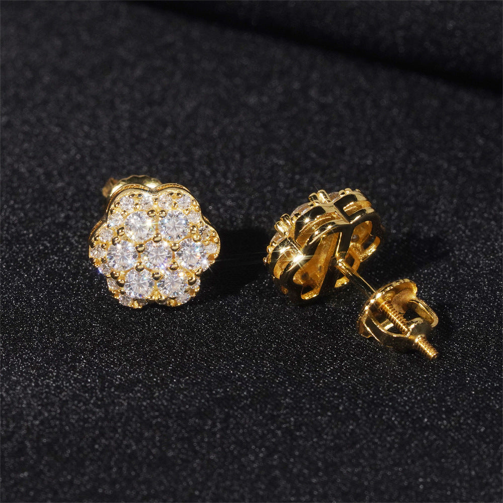 #54 VNK VVS1 Moissanite Flower Iced Out Stud Earrings - 18K Gold Plated 925 Silver Hip Hop Micro Pavé Floral Earring
