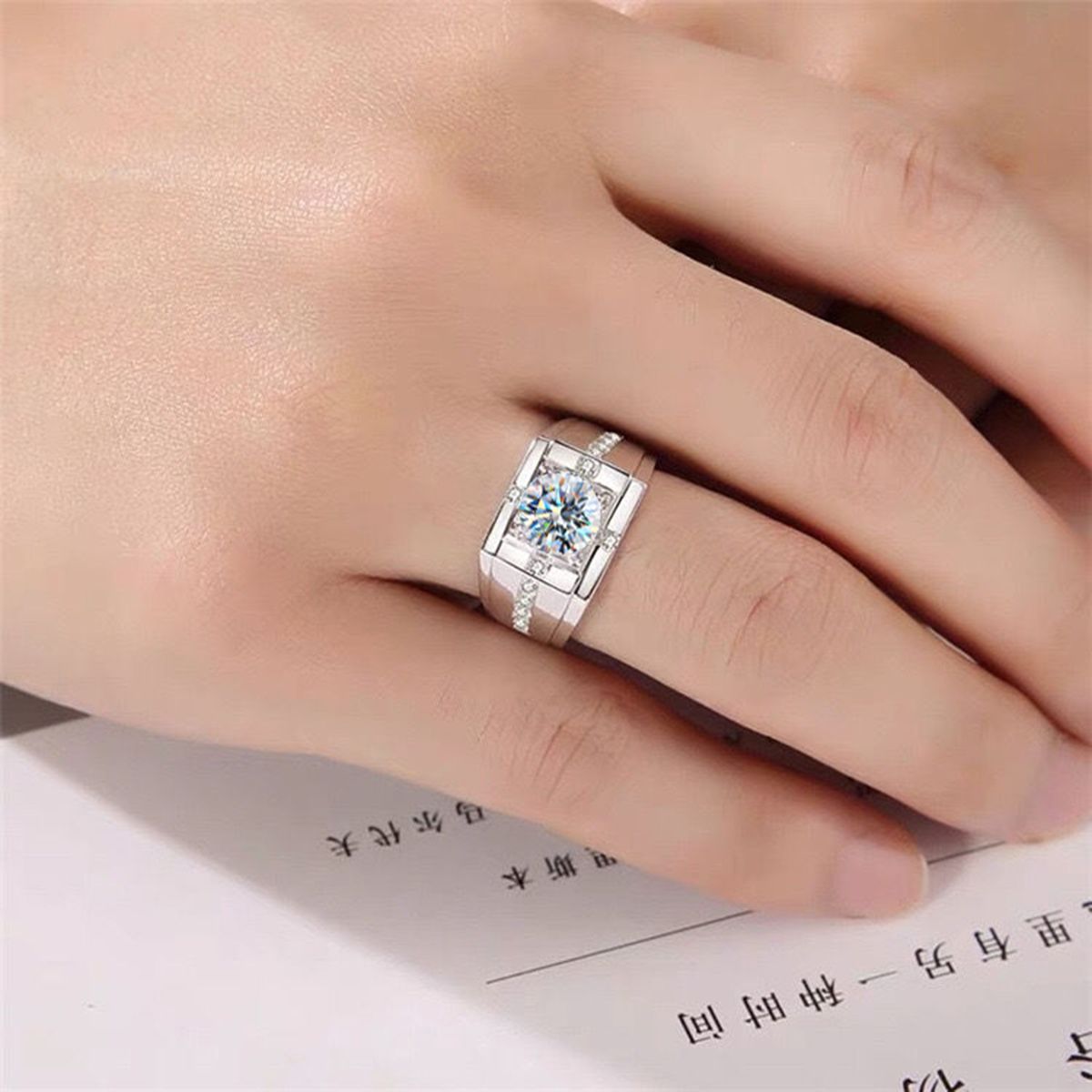 #M2 Men’s Geometric Moissanite Ring | 1CT Center with Symmetric Pave Accents in 925 Silver