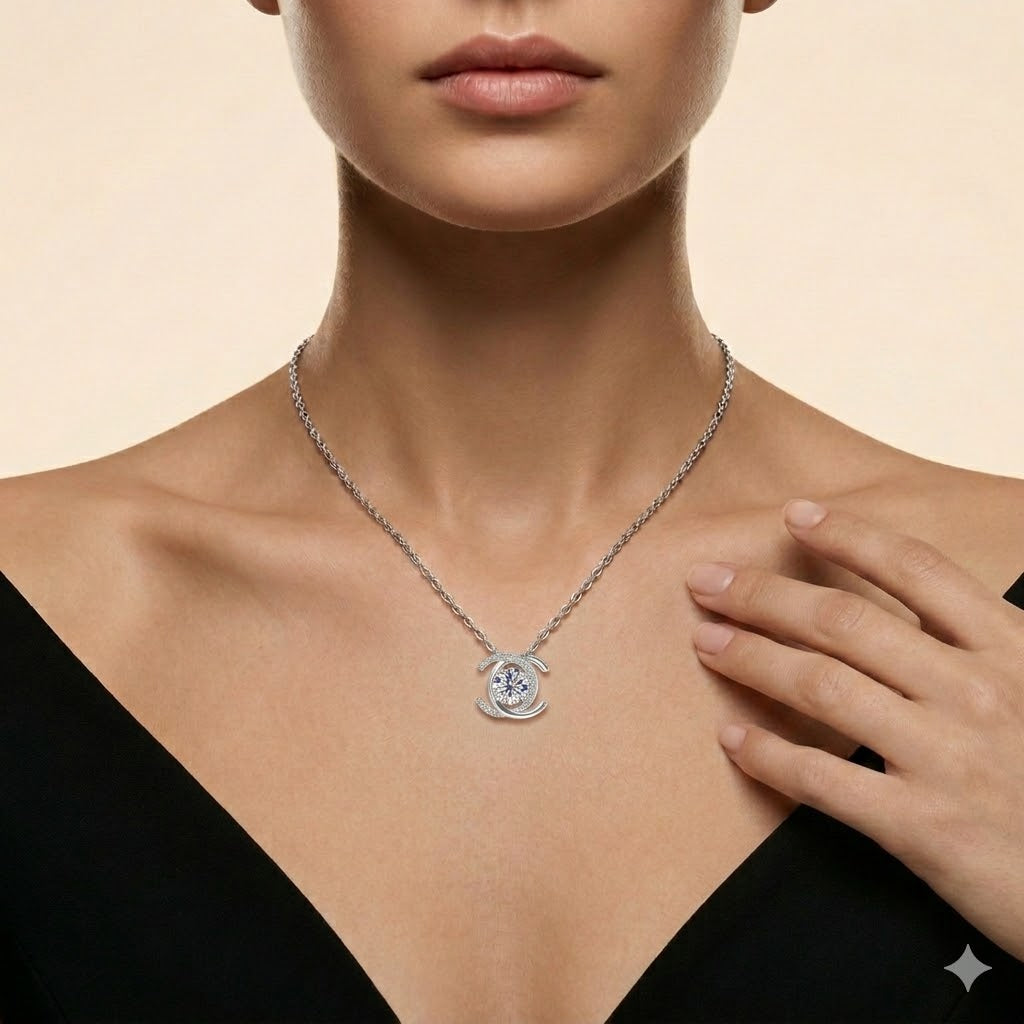 #100 VNK Elegant Double C Moissanite Necklace & Stud Earrings Set | 925 Sterling Silver