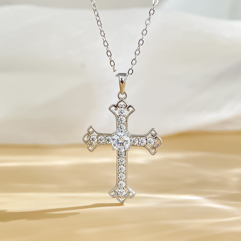 #110 Vintage Filigree Cross Moissanite Necklace | 925 Silver Faith Pendant for Her