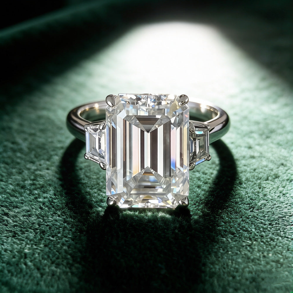 10ctw Emerald/Radiant Cut Moissanite Three-Stone Ring