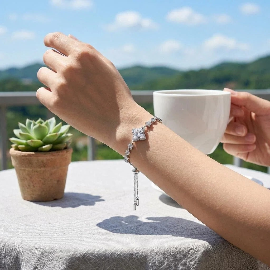 #149 VNK Luxury Clover-Cut Moissanite Adjustable Bracelet in Sterling Silver - Lucky Star Sparkle Bangle