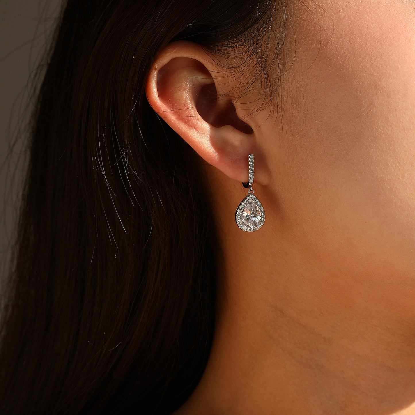#130 VNK Luxury Pear Moissanite Halo Earrings | Teardrop Drop Huggie Hoops in 925 Silver
