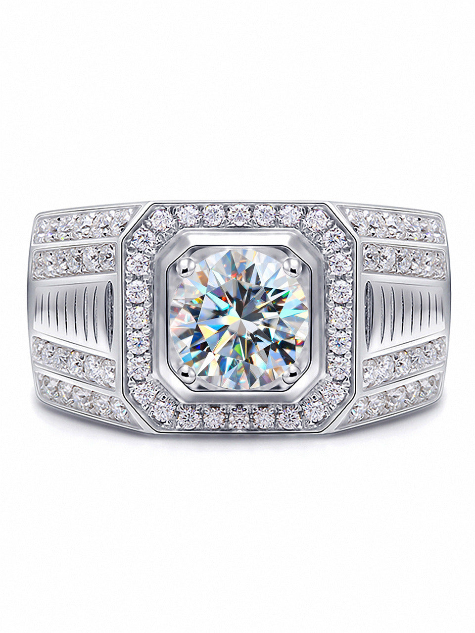 #M3 VNK 1CT Round Brilliant Cut Moissanite Men’s Ring – Halo & Pave Band, 925 Sterling Silver