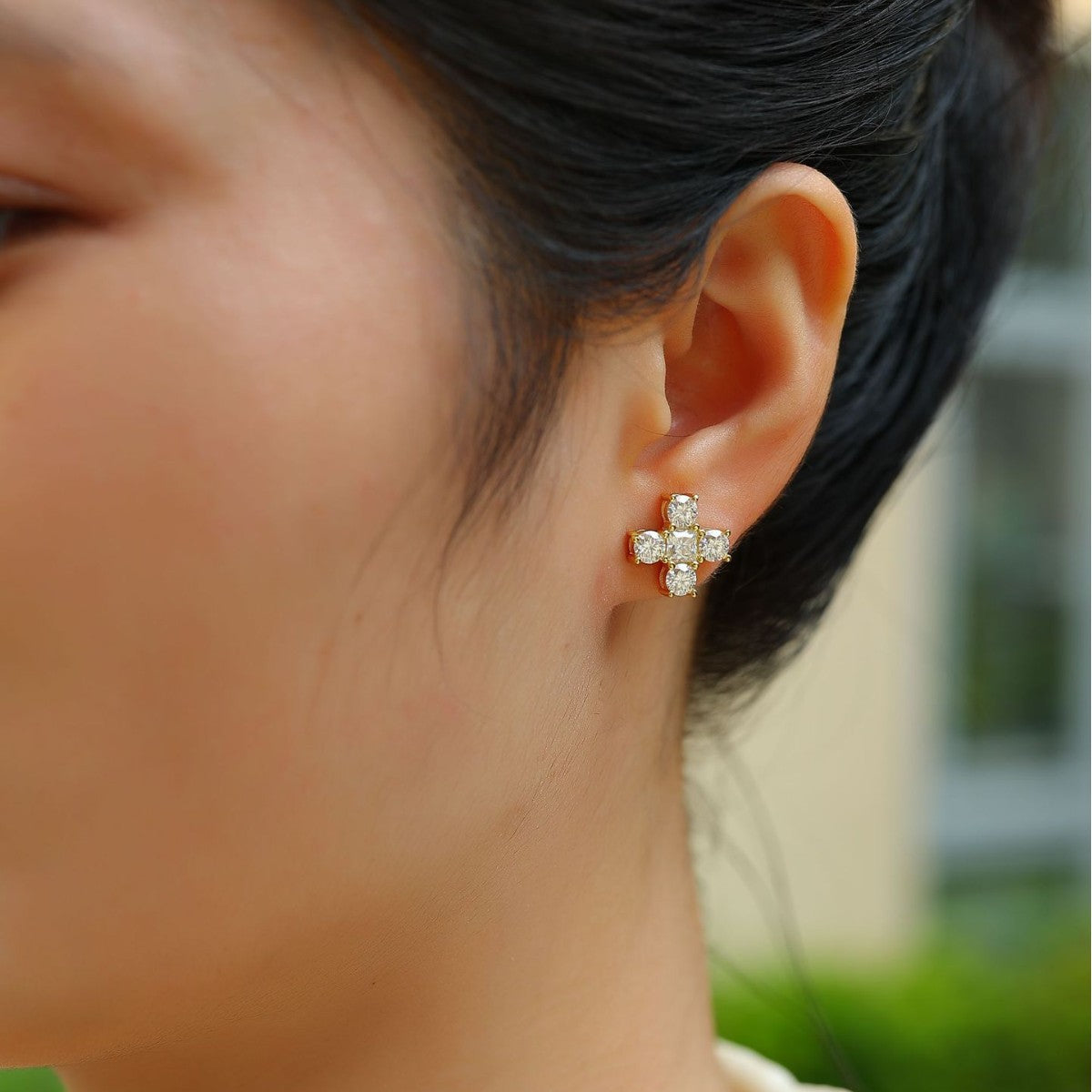 #53 VANNICK Cross Moissanite Stud Earrings Round Cut Princess Cut Gem– 925 Sterling Silver Gold Plated
