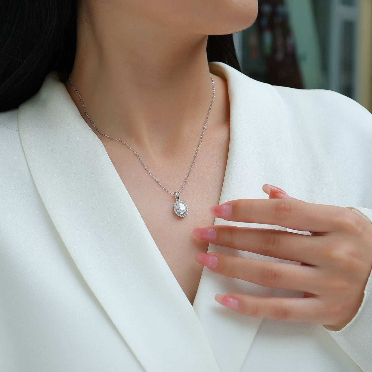 Oval Moissanite Halo Pendant Necklace#102