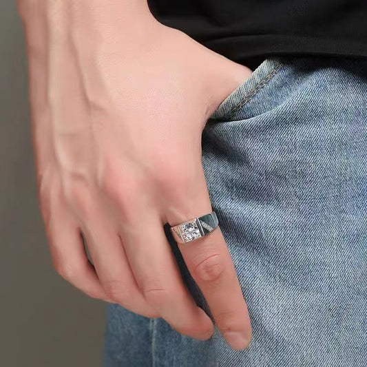 #M1 VNK Square-Frame Moissanite Men’s Ring Diagonal Pave Accents, Wide Band 925 Sterling Silver