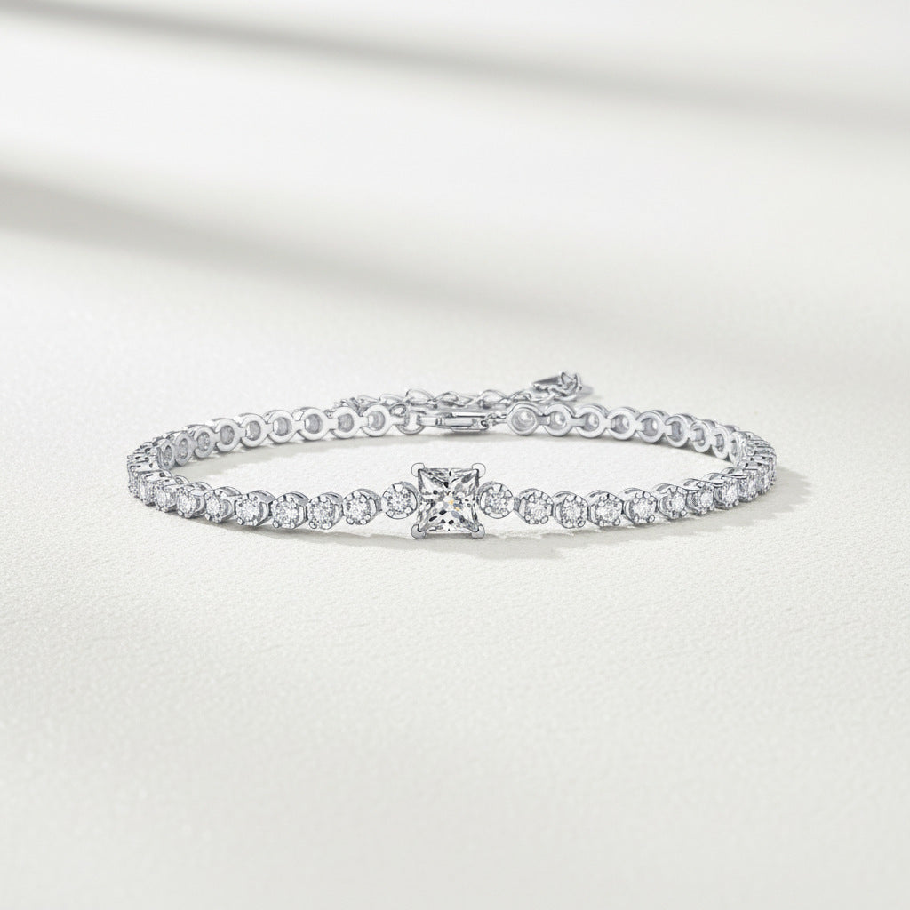 #76 VNK 1CT Princess Cut Moissanite Tennis Bracelet – 16+5cm Adjustable, 925 Sterling Silver