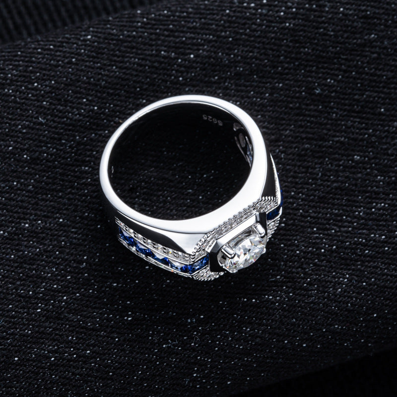 #M7 VNK Full Moissanite Luxury Men’s Ring – Blue Lab-Created Sapphire Accents, 925 Sterling Silver Fine Jewelry