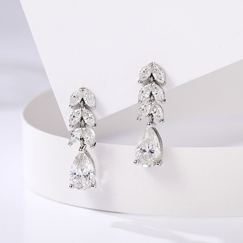 #133 VNK Luxury Linear Leaf & Pear Full Moissanite Earrings | Elegant Drop Design
