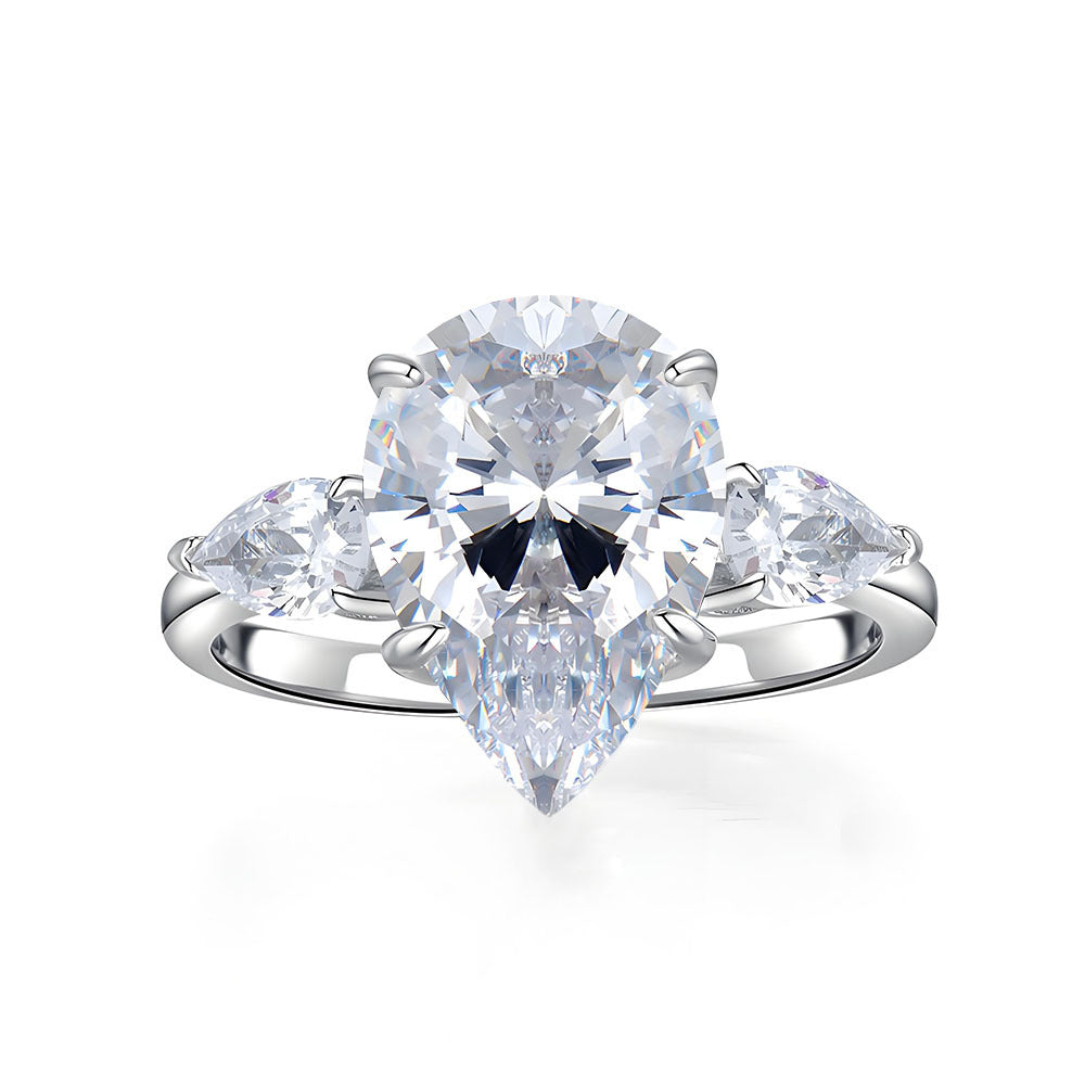 #124 VNK Luxury 4 Carat Pear Moissanite Three-Stone Ring | Timeless Side Accent Design