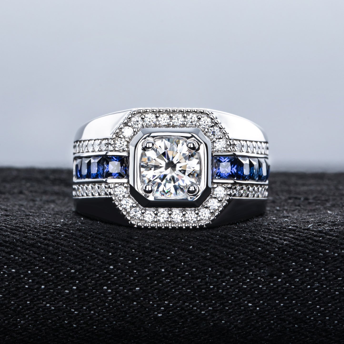 #M7 VNK Full Moissanite Luxury Men’s Ring – Blue Lab-Created Sapphire Accents, 925 Sterling Silver Fine Jewelry