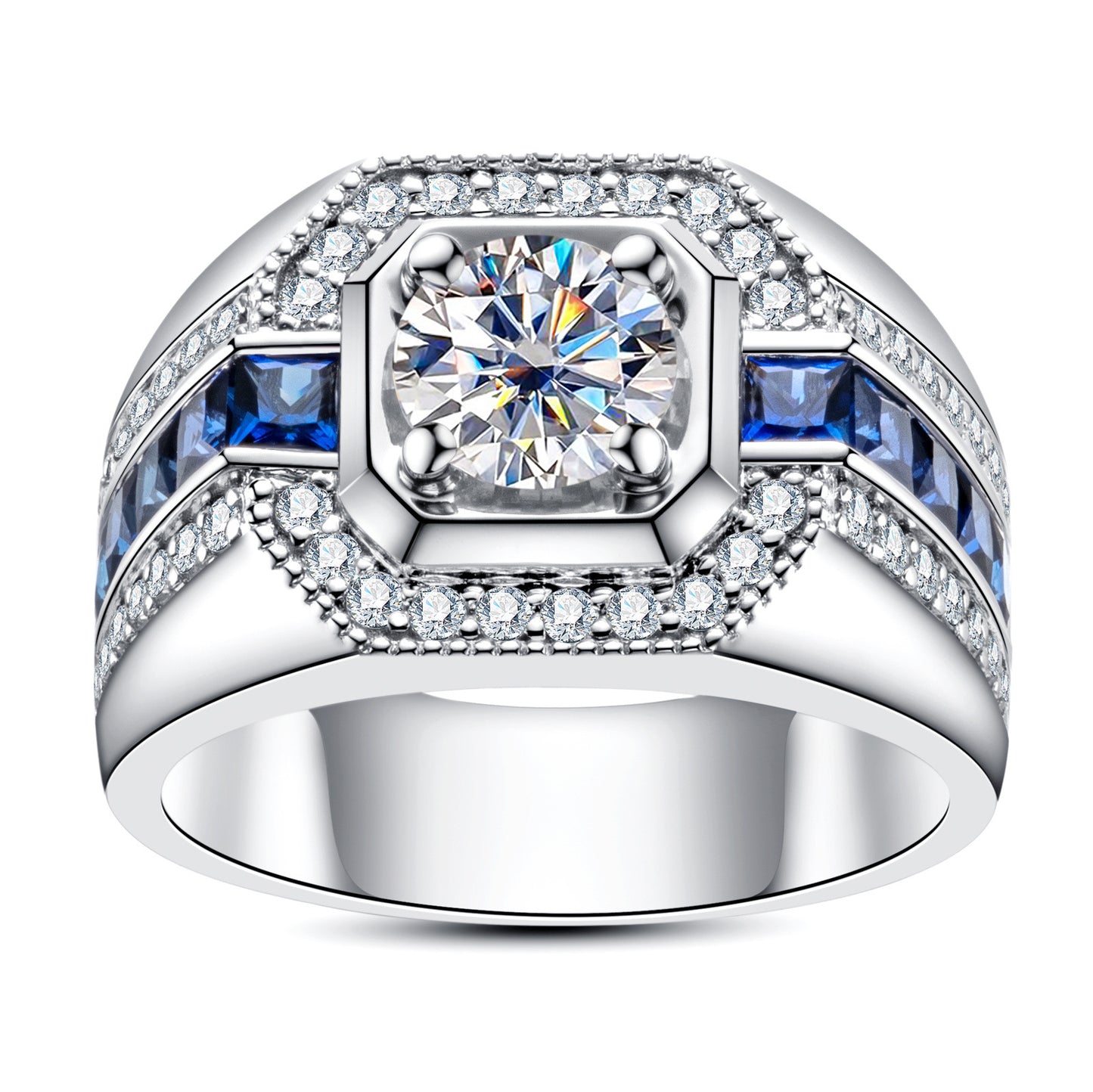 #M7 VNK Full Moissanite Luxury Men’s Ring – Blue Lab-Created Sapphire Accents, 925 Sterling Silver Fine Jewelry