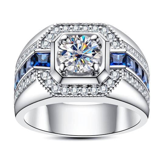#M7 VNK Full Moissanite Luxury Men’s Ring – Blue Lab-Created Sapphire Accents, 925 Sterling Silver Fine Jewelry