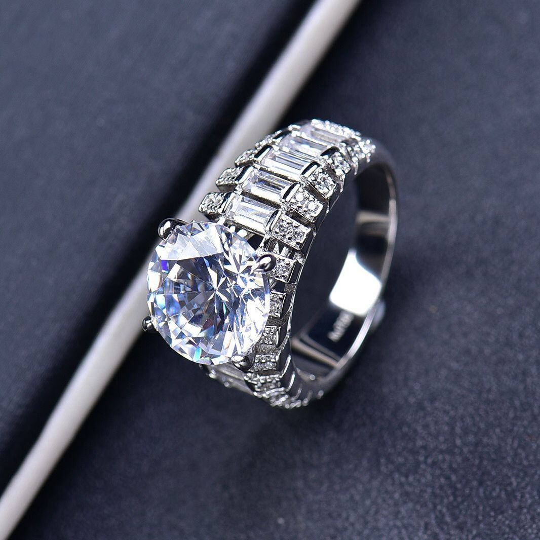 #28 VNK 5ct 5ct Round Moissanite Ring with Wide Pave Band, D Color VVS1 Fine Jewelry