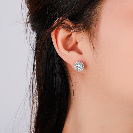 #168 Halo Round Cut Moissanite Stud Earrings – S925 Silver Flower Design