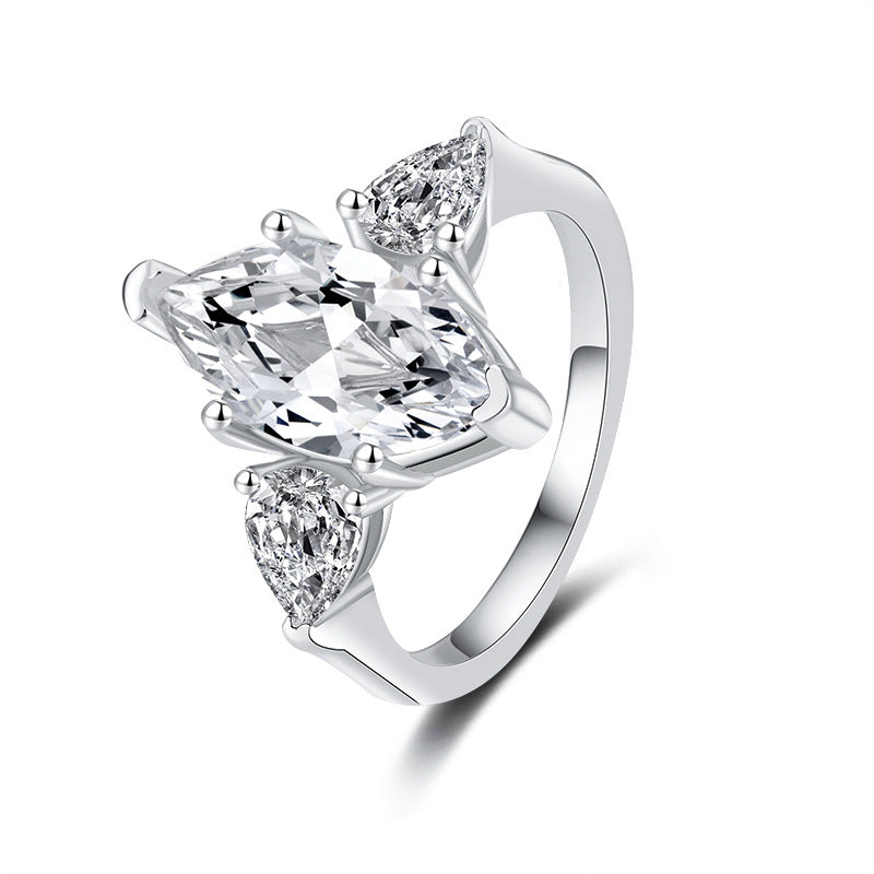 #138 VNK Three-Stone Marquise Moissanite Ring –925 Sterling Silver Jewelry