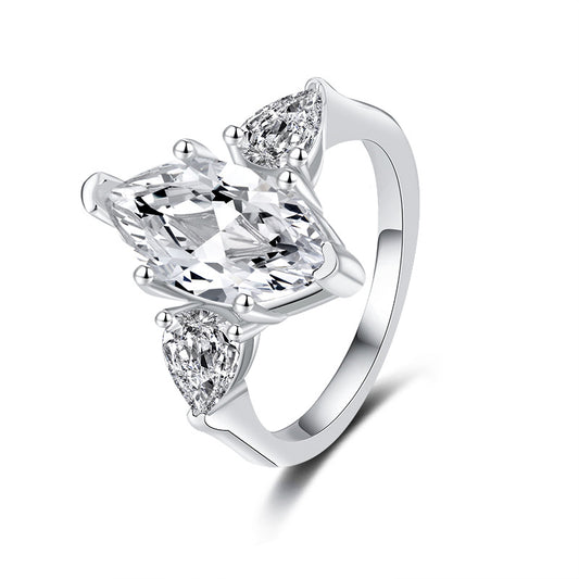 #138 VNK Three-Stone Marquise Moissanite Ring –925 Sterling Silver Jewelry