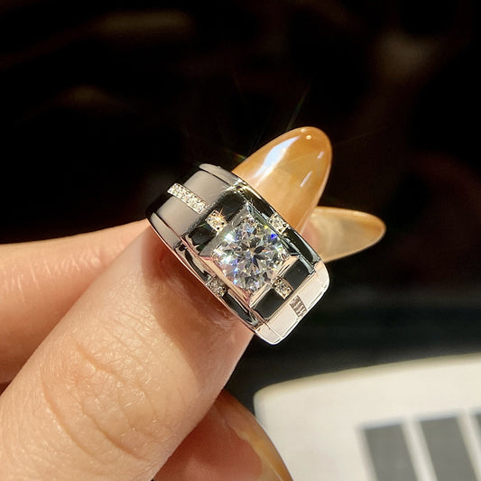 #M2 Men’s Geometric Moissanite Ring | 1CT Center with Symmetric Pave Accents in 925 Silver