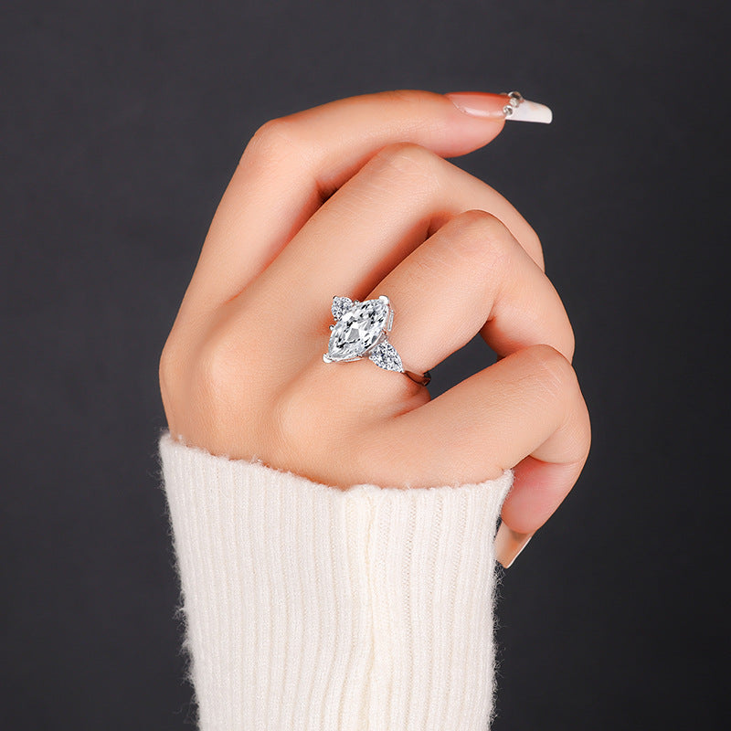 #138 VNK Three-Stone Marquise Moissanite Ring –925 Sterling Silver Jewelry