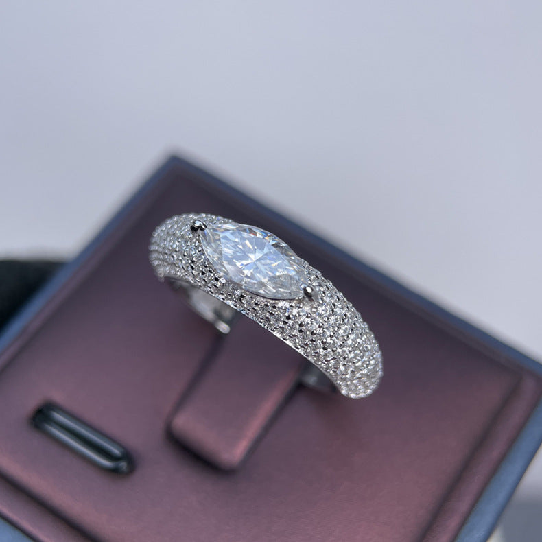 #140 VNK  1CT Marquise Cut Moissanite Pave Ring – Full Pavé Band, 925 Sterling Silver