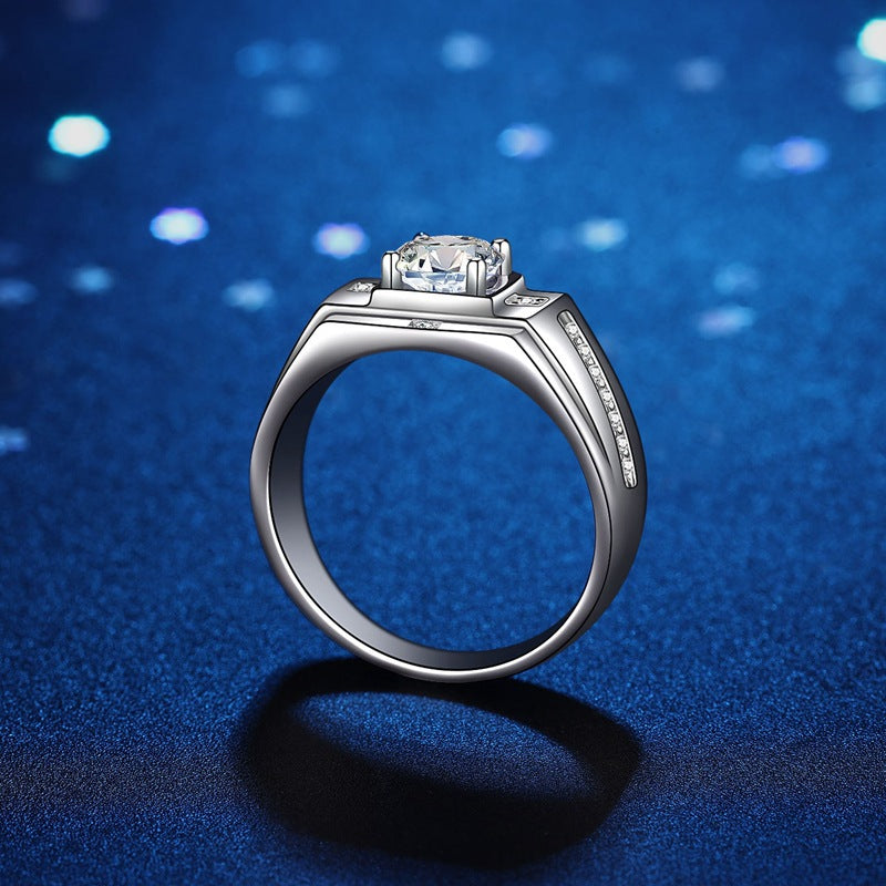 #M2 Men’s Geometric Moissanite Ring | 1CT Center with Symmetric Pave Accents in 925 Silver