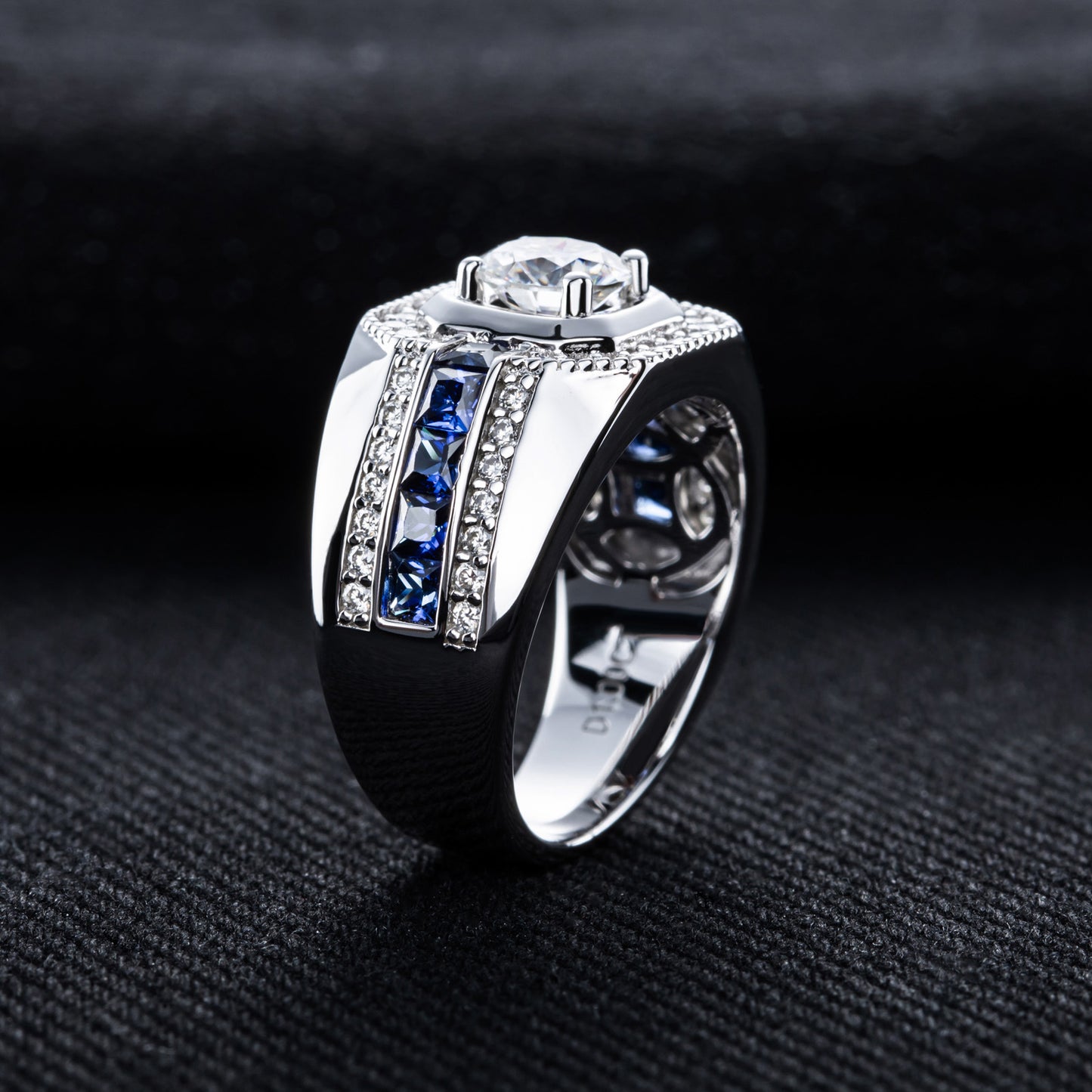 #M7 VNK Full Moissanite Luxury Men’s Ring – Blue Lab-Created Sapphire Accents, 925 Sterling Silver Fine Jewelry