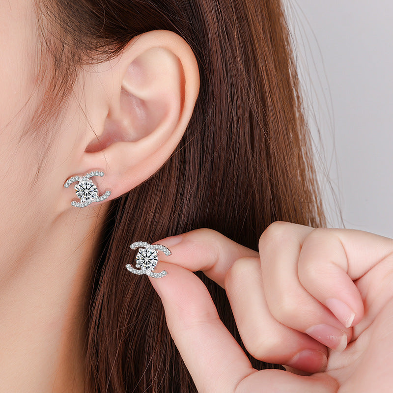 #100 VNK Elegant Double C Moissanite Necklace & Stud Earrings Set | 925 Sterling Silver
