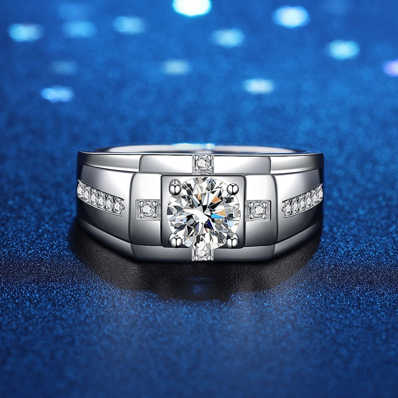#M2 Men’s Geometric Moissanite Ring | 1CT Center with Symmetric Pave Accents in 925 Silver