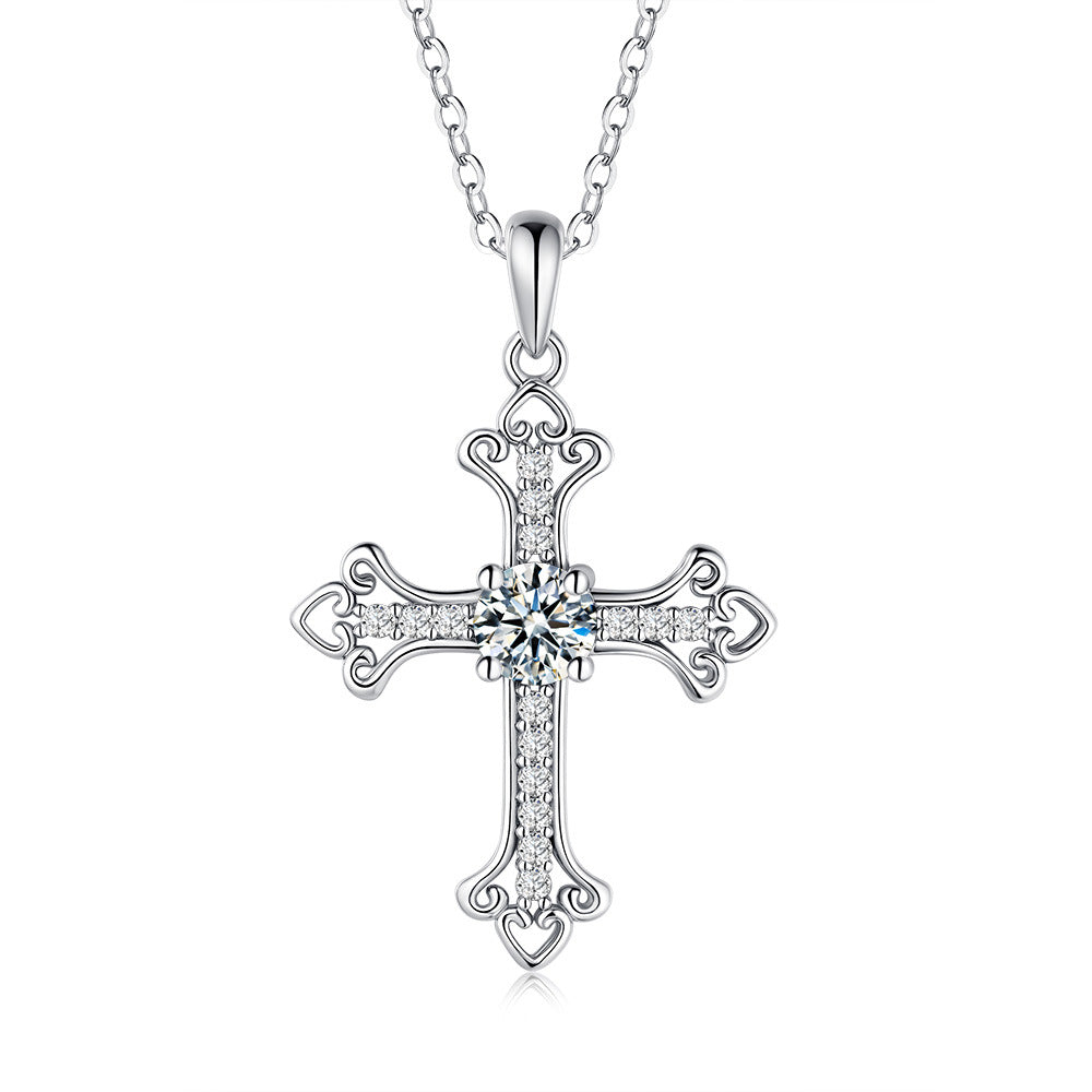 #110 Vintage Filigree Cross Moissanite Necklace | 925 Silver Faith Pendant for Her