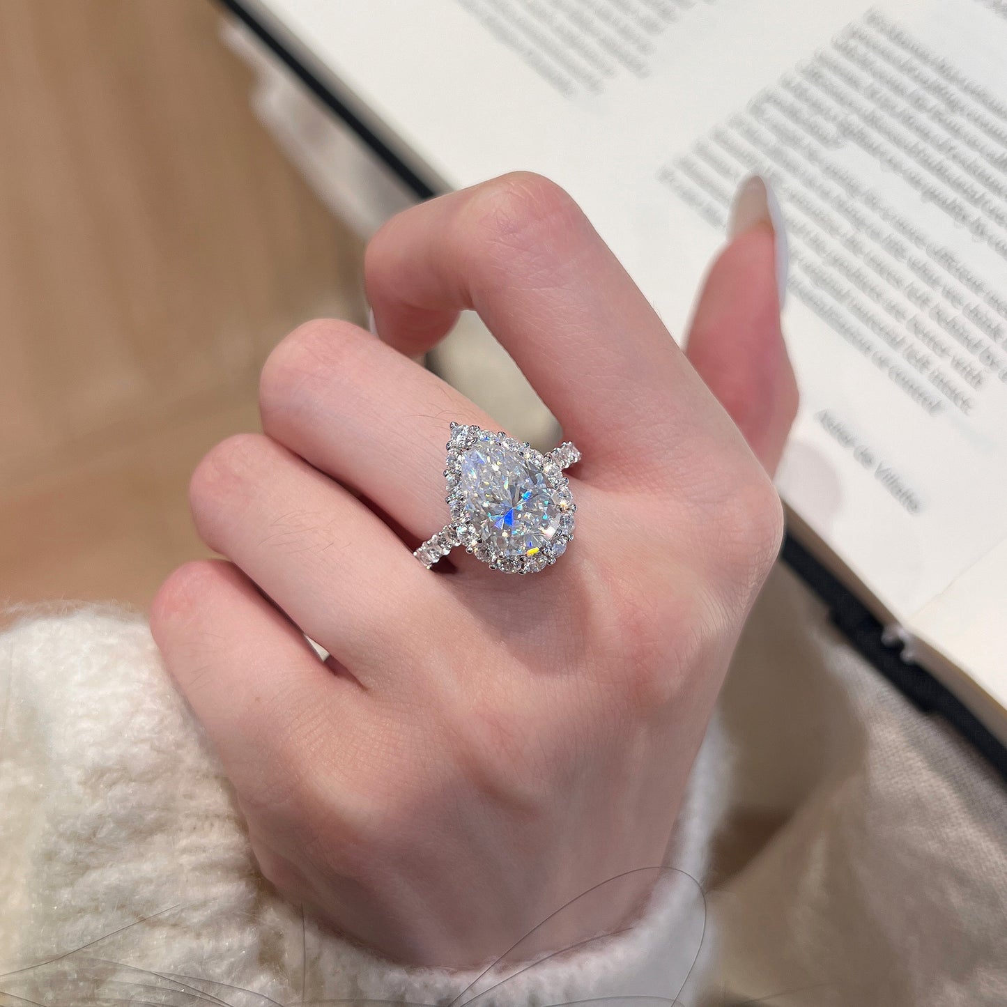 #66 VNK 5CT Pear Cut Moissanite Ring – Double Halo 925 Silver Engagement Ring