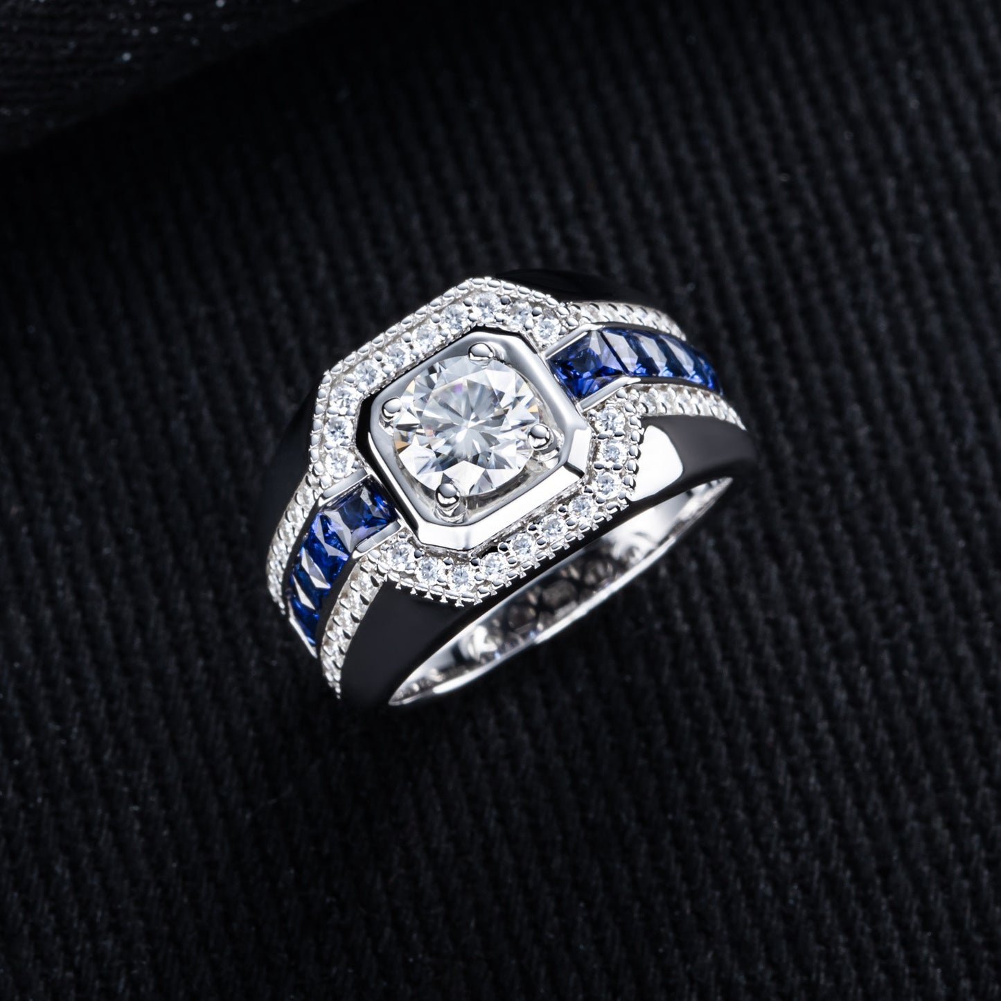 #M7 VNK Full Moissanite Luxury Men’s Ring – Blue Lab-Created Sapphire Accents, 925 Sterling Silver Fine Jewelry