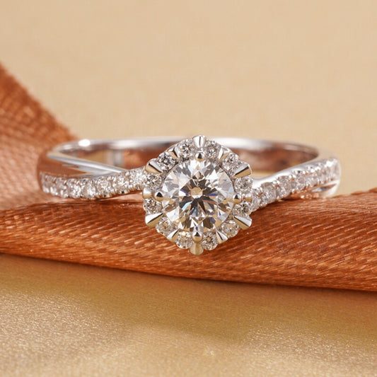 #09 Round Brilliant Cut Moissanite Twisted Halo Ring – 0.5CT/1CT/2CT Center, 925 Sterling Silver