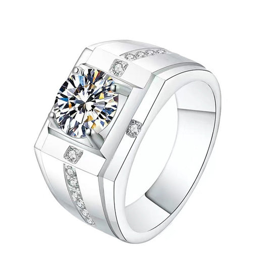 #M2 Men’s Geometric Moissanite Ring | 1CT Center with Symmetric Pave Accents in 925 Silver