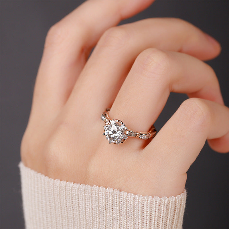 #07 VNK Two-Tone Round Cut Moissanite Halo Ring – 1Carat Center, 925 Sterling Silver Jewelry
