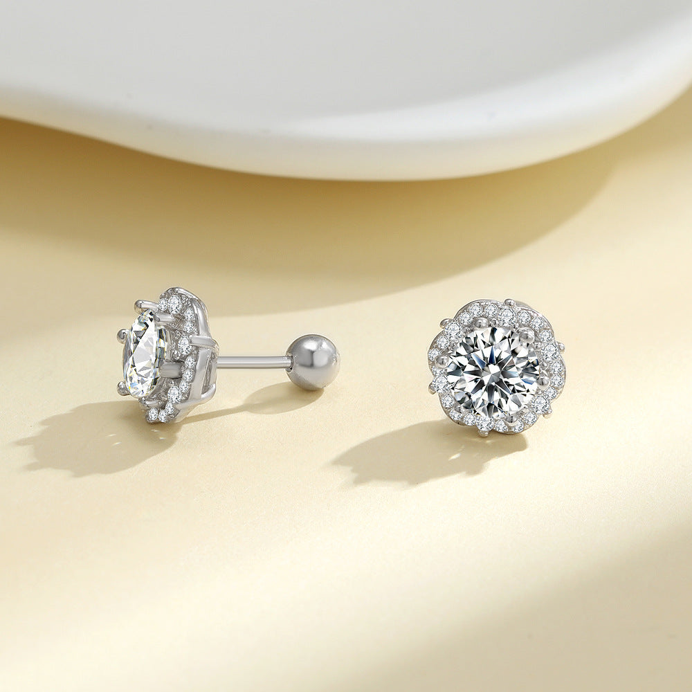 #168 Halo Round Cut Moissanite Stud Earrings – S925 Silver Flower Design