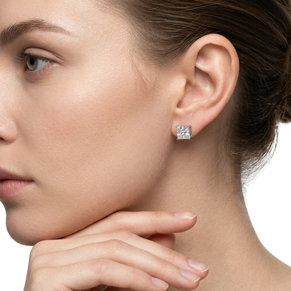 #14 Princess Cut Moissanite Stud Earrings – S925 Sterling Silver