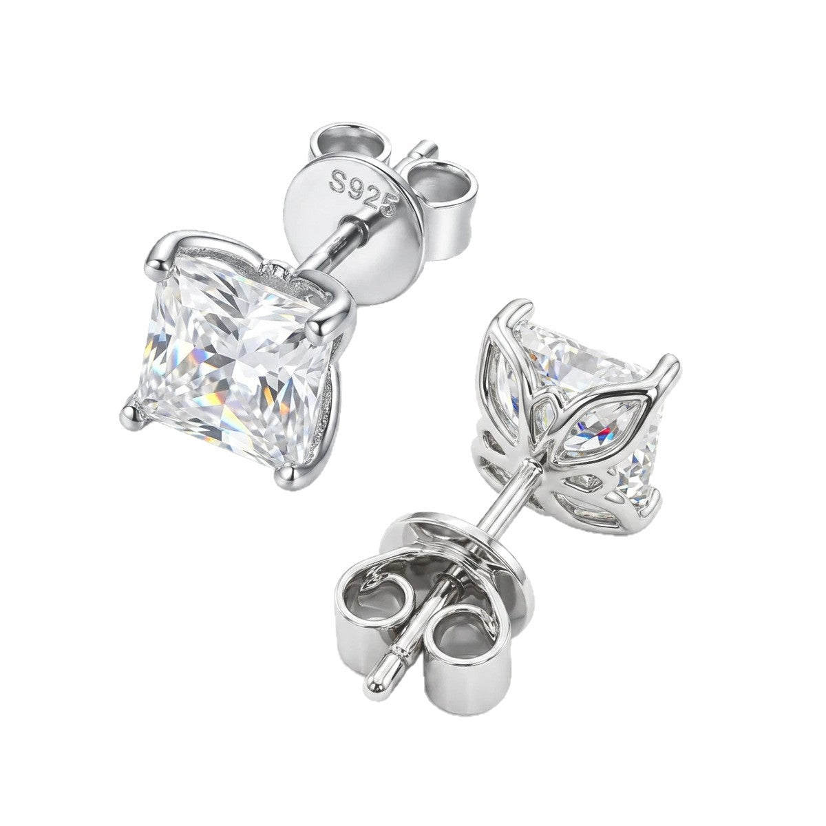 #14-2 Princess Cut Moissanite Studs – Intricate Lotus Basket Setting